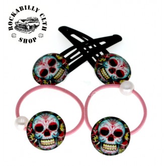 DOPLŇKY / ACCESSORIES - Sada sponek / gumiček do vlasů lebky Rockabilly Sugar Skull