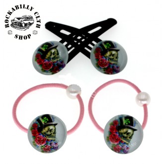 DOPLŇKY / ACCESSORIES - Sada sponek / gumiček do vlasů lebky Rockabilly Baron Skull