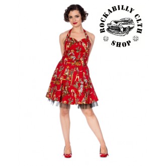 HOLKY / GIRLS - Dámské šaty Rockabilly Retro Pin Up Banned Cowgirl Halter Flare Dress Red