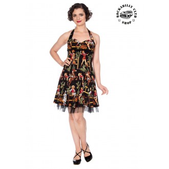 HOLKY / GIRLS - Dámské šaty Rockabilly Retro Pin Up Banned Cowgirl Halter Flare Dress Blk