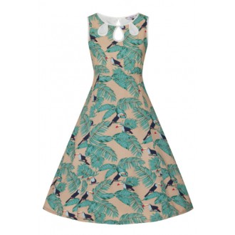 HOLKY / GIRLS - Dámské šaty Rockabilly Retro Pin Up Banned Toucan All Over Dress Coffee