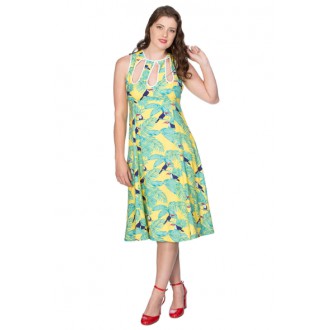 HOLKY / GIRLS - Dámské šaty Rockabilly Retro Pin Up Banned Toucan All Over Dress Yellow