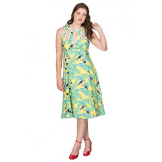 HOLKY / GIRLS - Dámské šaty Rockabilly Retro Pin Up Banned Toucan All Over Dress Yellow