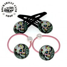Sada sponek / gumiček do vlasů lebky Rockabilly Skull & Roses