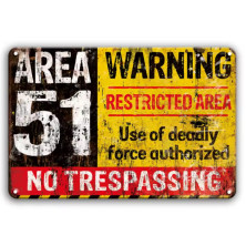 Plechová retro americká US cedule Rocka Area 51 Warning No Trespassing